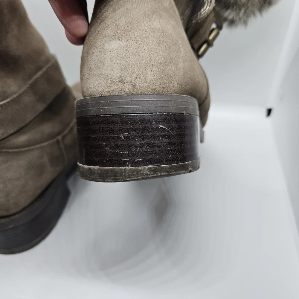 Cougar tan taupe suede faux fur lined foldover Franca boots side buckle detail 9